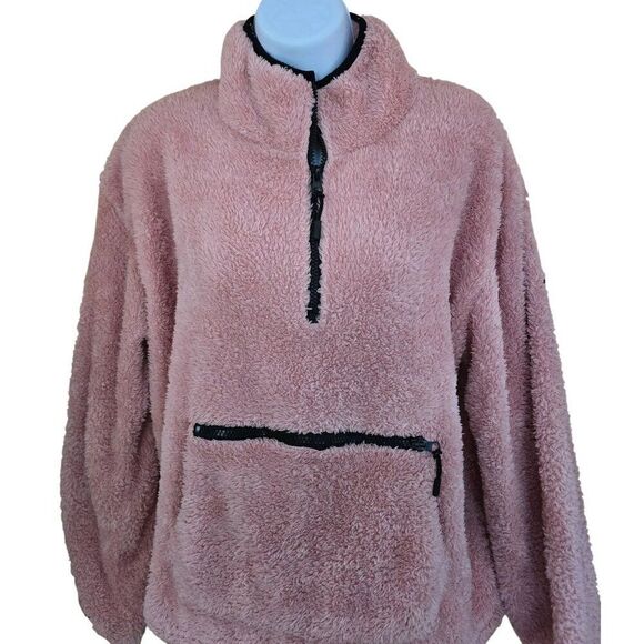 Pink Sherpa Half Zip pull over With Drawstring Hem boho fairycore cottagecore - Picture 3 of 6